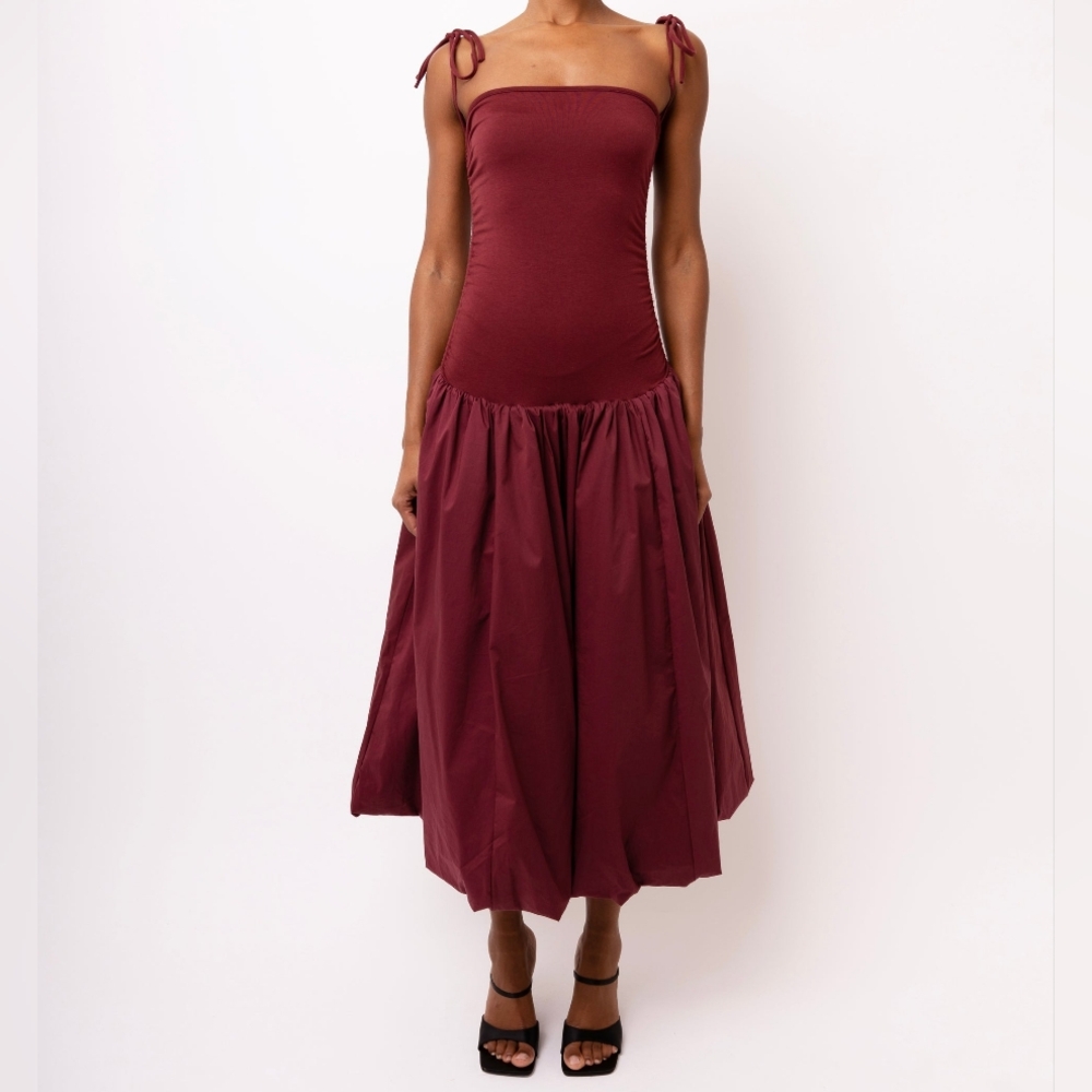 Amylynn Alexa Burgundy Puffball Dress 4US drop waist ruched dress - Picture 3 of 13